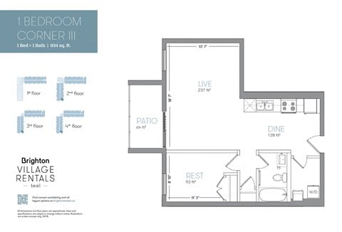 Floor plan for 1 bed, 1 bath, 634 sqft